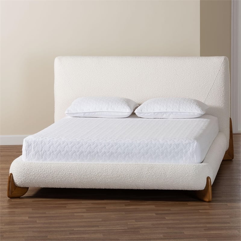 Baxton Studio Vinicio Mid-Century Modern Cream Boucle Queen Platform Bed