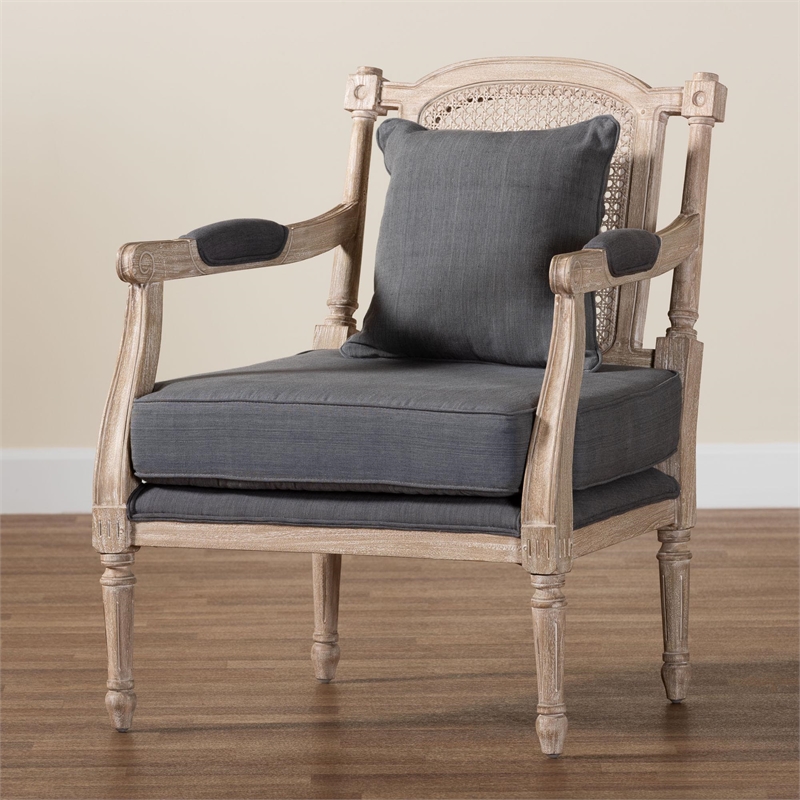 Baxton Studio Clemence Gray Fabric Whitewashed Mahogany Wood Armchair
