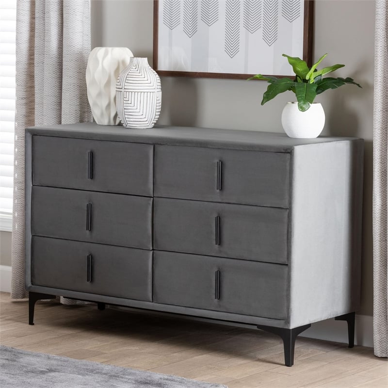 Baxton Studio Etienne Modern Slate Gray Velvet 6-Drawer Dresser