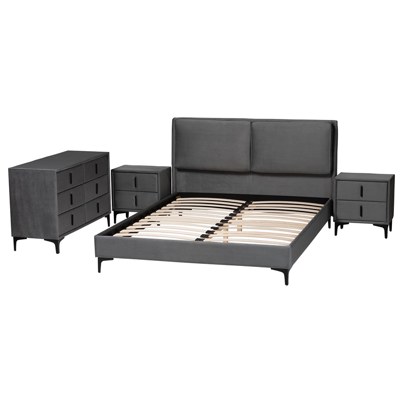 Baxton Studio Etienne Modern Slate Gray Velvet Queen 4-Piece Bedroom Set