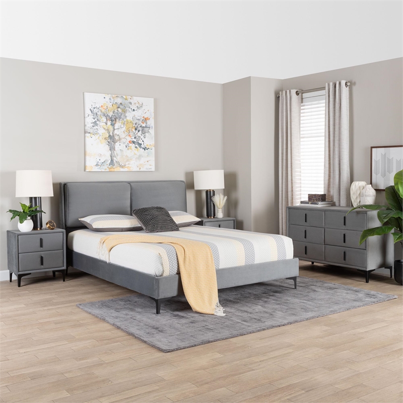 Baxton Studio Etienne Modern Slate Gray Velvet Queen 4-Piece Bedroom Set