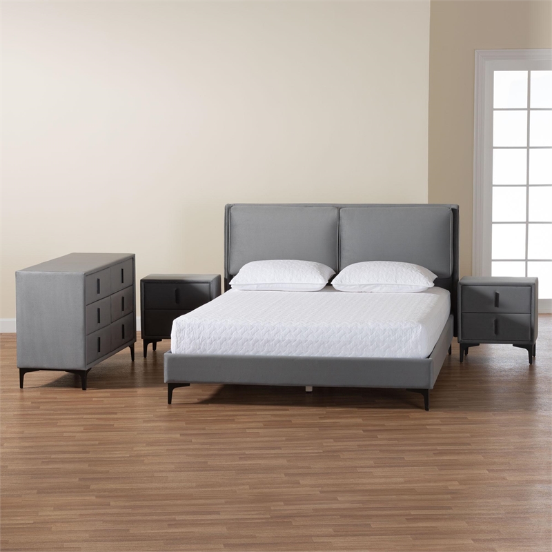 Baxton Studio Etienne Modern Slate Gray Velvet Queen 4-Piece Bedroom Set