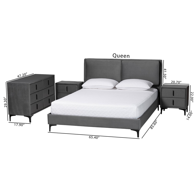 Baxton Studio Etienne Modern Slate Gray Velvet Queen 4-Piece Bedroom Set