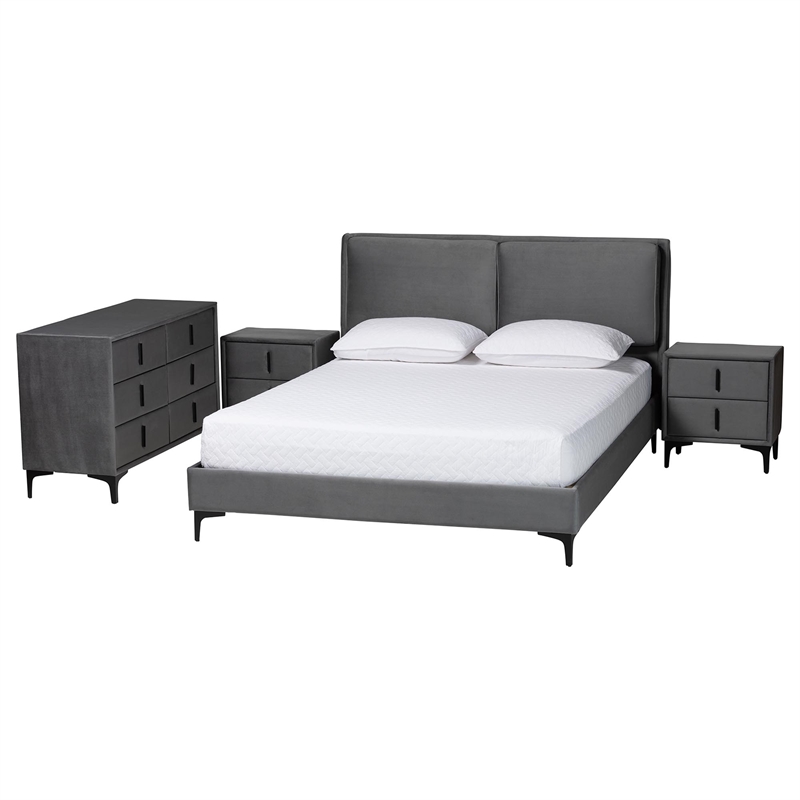 Baxton Studio Etienne Modern Slate Gray Velvet Queen 4-Piece Bedroom Set