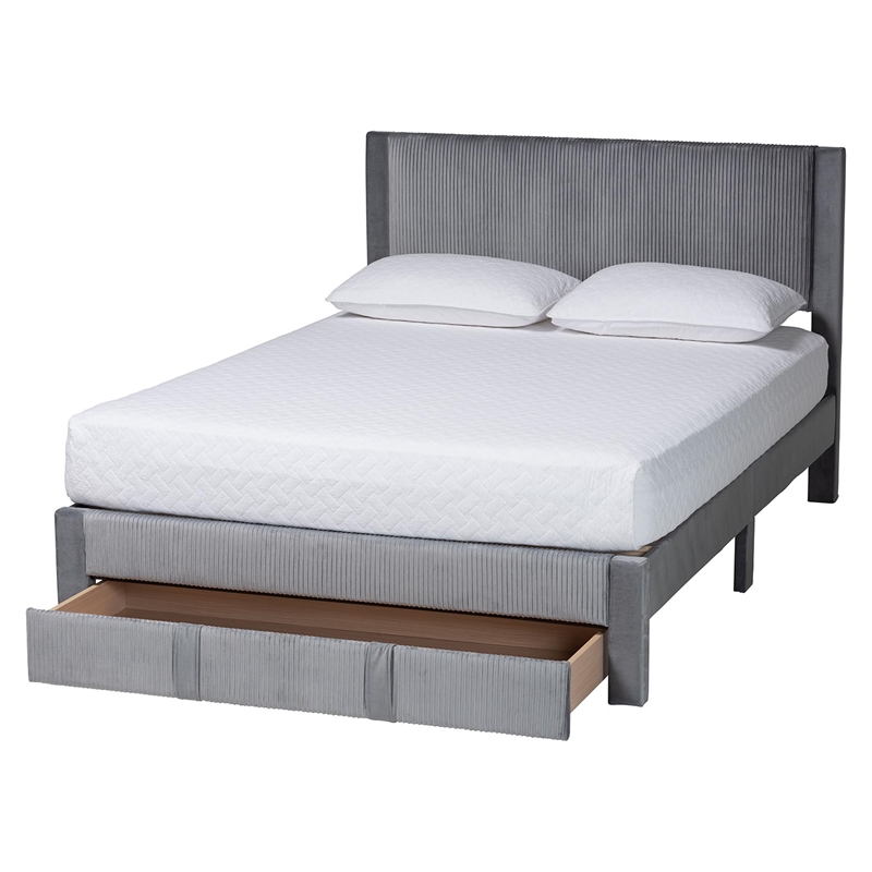 Baxton Studio Elora Modern Grey Pleated Velvet Queen Size Storage Bed