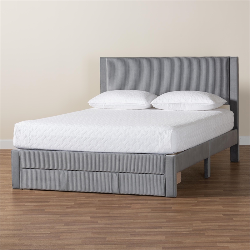 Baxton Studio Elora Modern Grey Pleated Velvet Queen Size Storage Bed