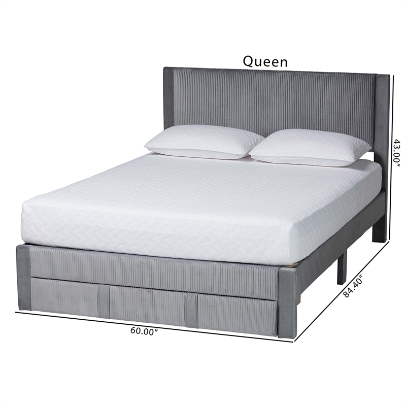 Baxton Studio Elora Modern Grey Pleated Velvet Queen Size Storage Bed