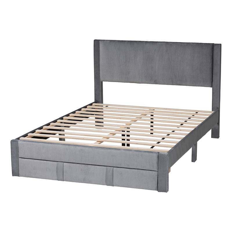 Baxton Studio Elora Modern Grey Pleated Velvet Queen Size Storage Bed