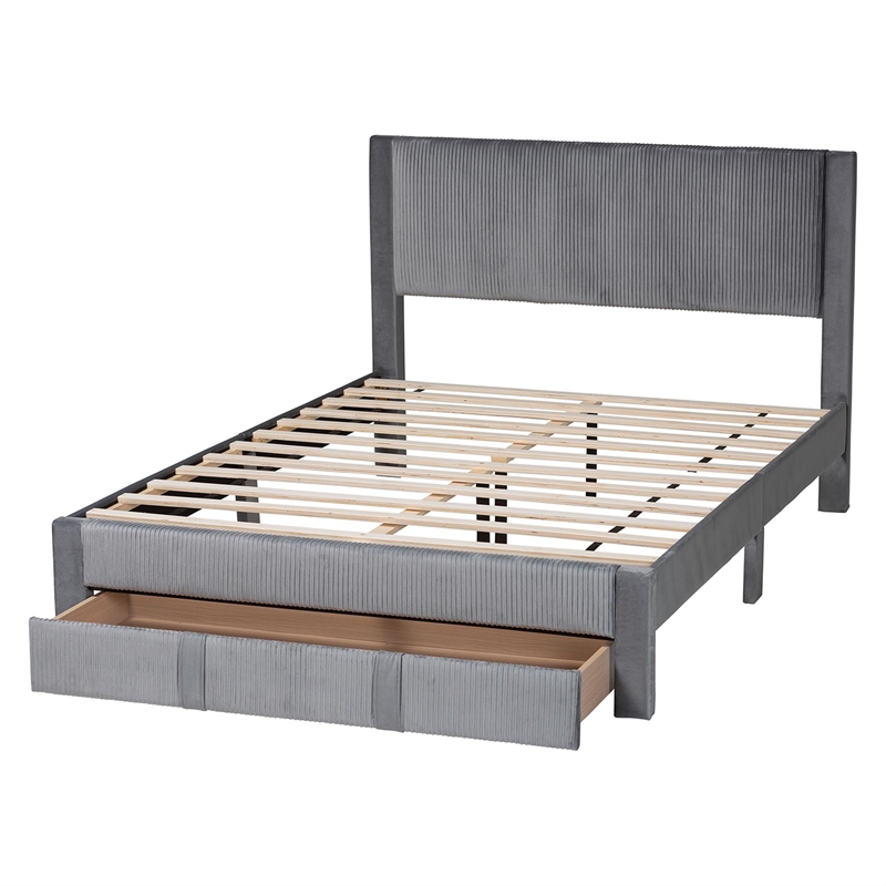 Baxton Studio Elora Modern Grey Pleated Velvet Queen Size Storage Bed