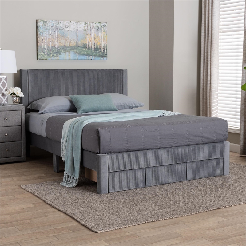 Baxton Studio Elora Modern Grey Pleated Velvet Queen Size Storage Bed