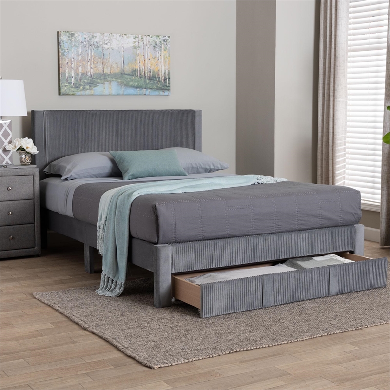 Baxton Studio Elora Modern Grey Pleated Velvet Queen Size Storage Bed