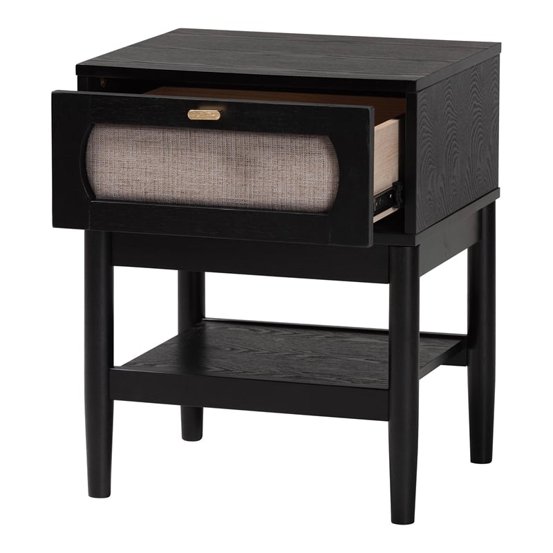 Baxton Studio Shirin Beige Fabric and Black Wood 1-Drawer Nightstand
