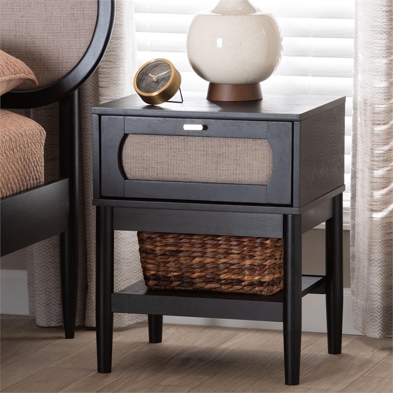Baxton Studio Shirin Beige Fabric and Black Wood 1-Drawer Nightstand
