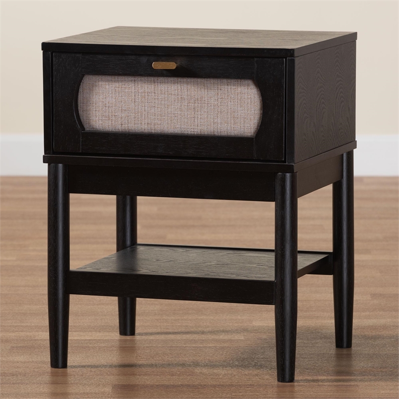 Baxton Studio Shirin Beige Fabric and Black Wood 1-Drawer Nightstand