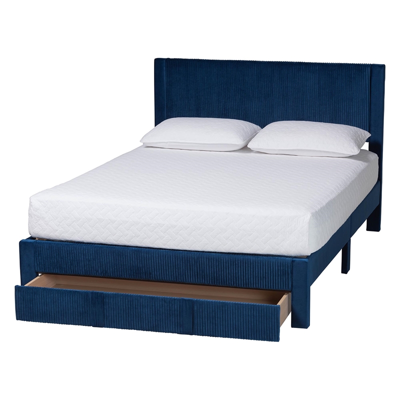 Baxton Studio Elora Modern Navy Blue Pleated Velvet Queen Size Storage Bed