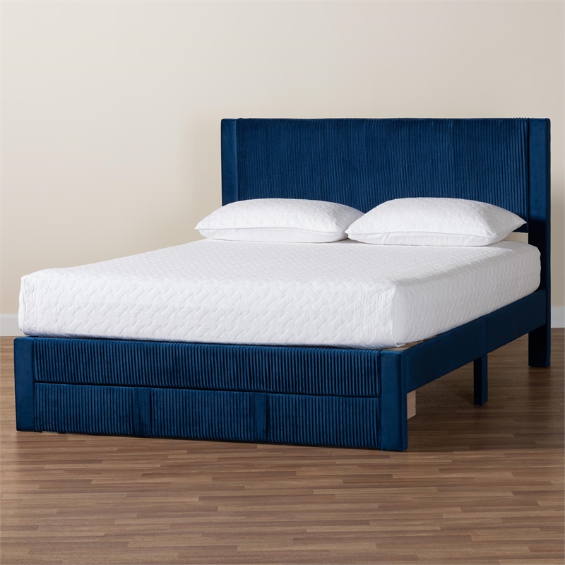Baxton Studio Elora Modern Navy Blue Pleated Velvet Queen Size Storage Bed