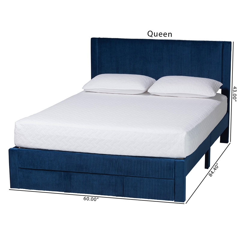 Baxton Studio Elora Modern Navy Blue Pleated Velvet Queen Size Storage Bed