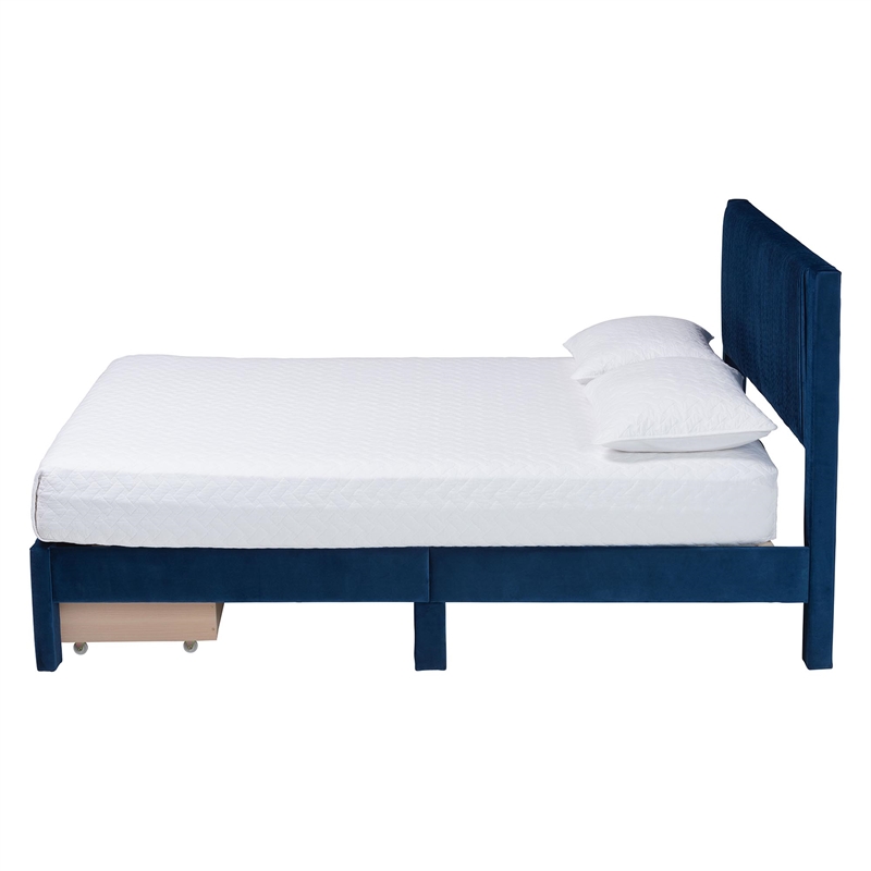Baxton Studio Elora Modern Navy Blue Pleated Velvet Queen Size Storage Bed