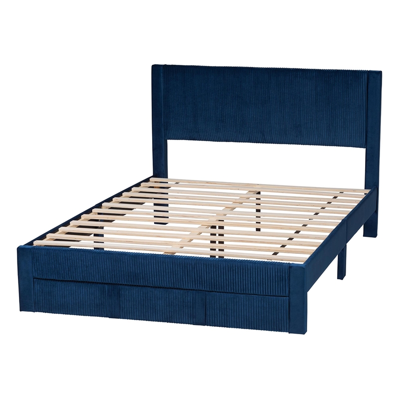 Baxton Studio Elora Modern Navy Blue Pleated Velvet Queen Size Storage Bed