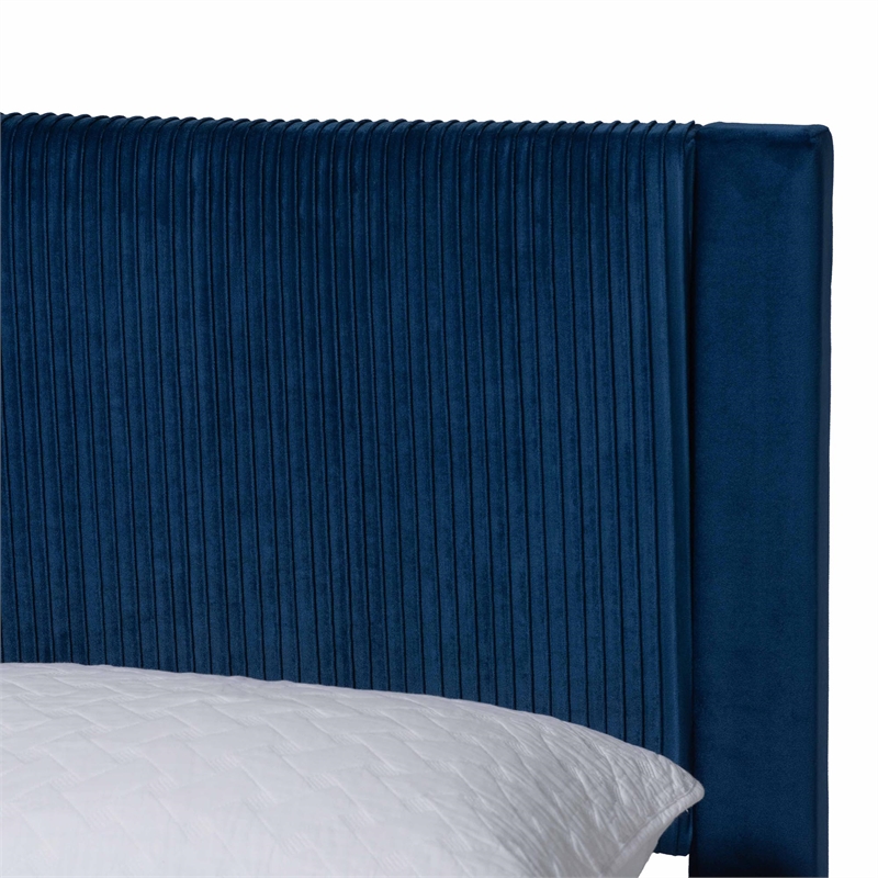 Baxton Studio Elora Modern Navy Blue Pleated Velvet Queen Size Storage Bed