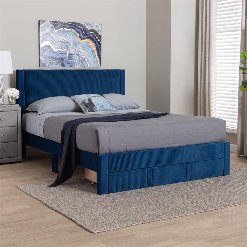 Baxton Studio Elora Modern Navy Blue Pleated Velvet Queen Size Storage Bed