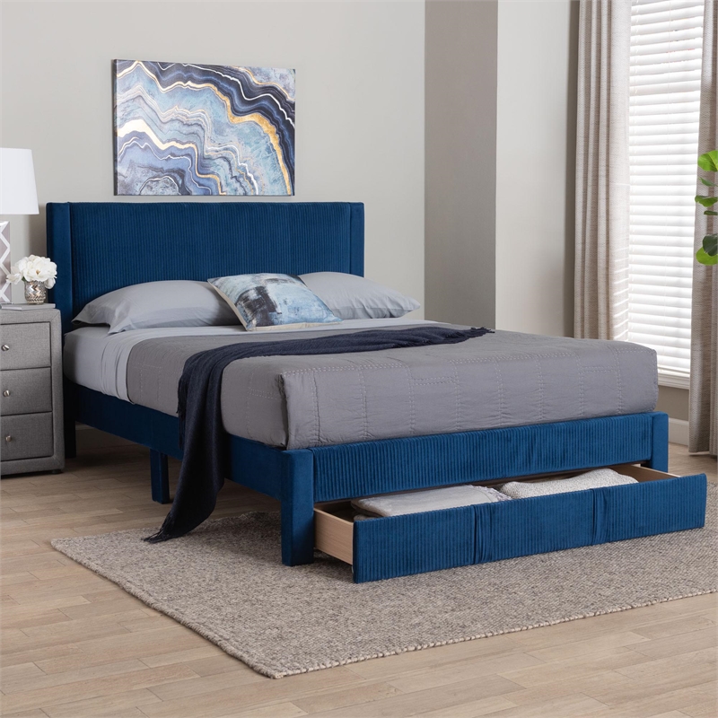 Baxton Studio Elora Modern Navy Blue Pleated Velvet Queen Size Storage Bed