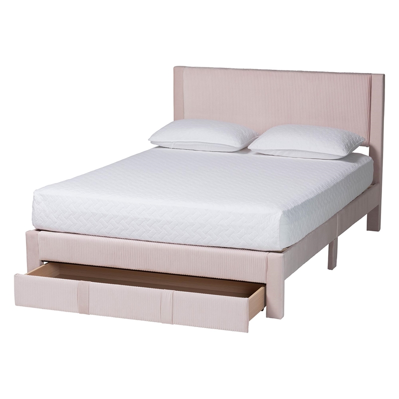 Baxton Studio Elora Modern Light Pink Pleated Velvet Queen Size Storage Bed