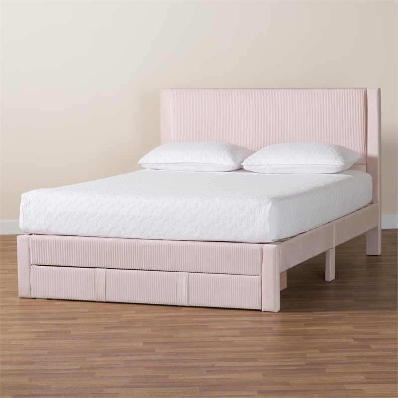 Baxton Studio Elora Modern Light Pink Pleated Velvet Queen Size Storage Bed
