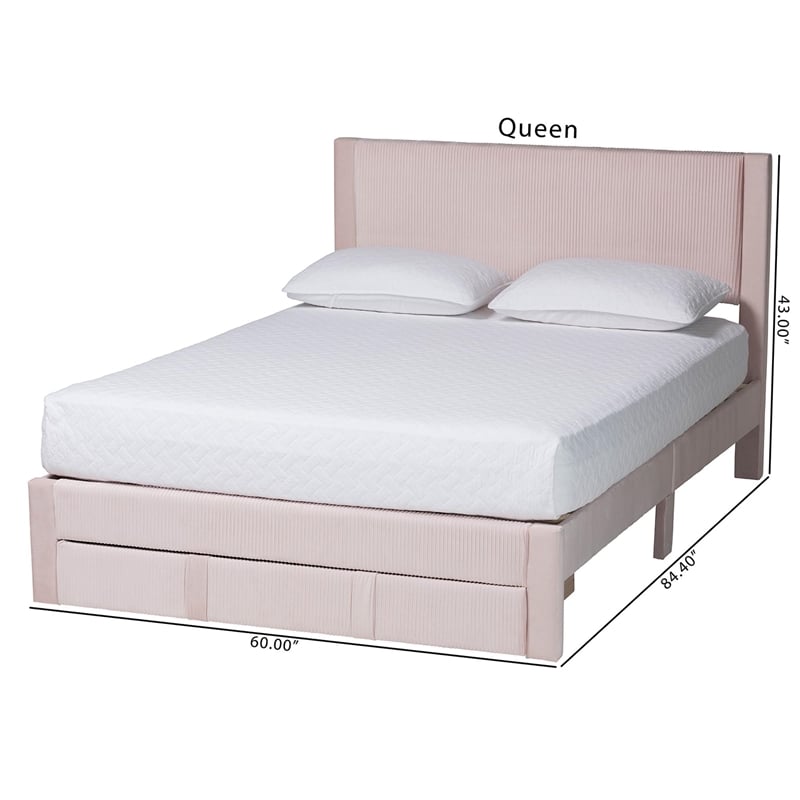 Baxton Studio Elora Modern Light Pink Pleated Velvet Queen Size Storage Bed