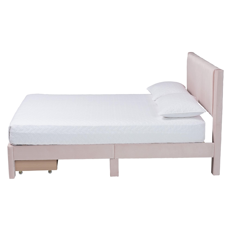 Baxton Studio Elora Modern Light Pink Pleated Velvet Queen Size Storage Bed