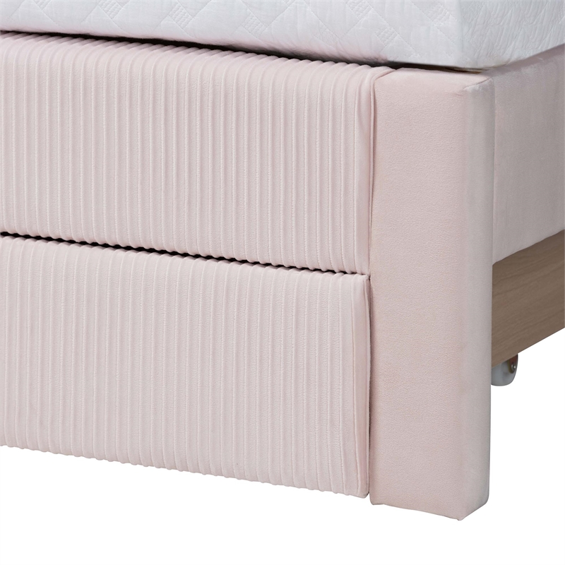 Baxton Studio Elora Modern Light Pink Pleated Velvet Queen Size Storage Bed