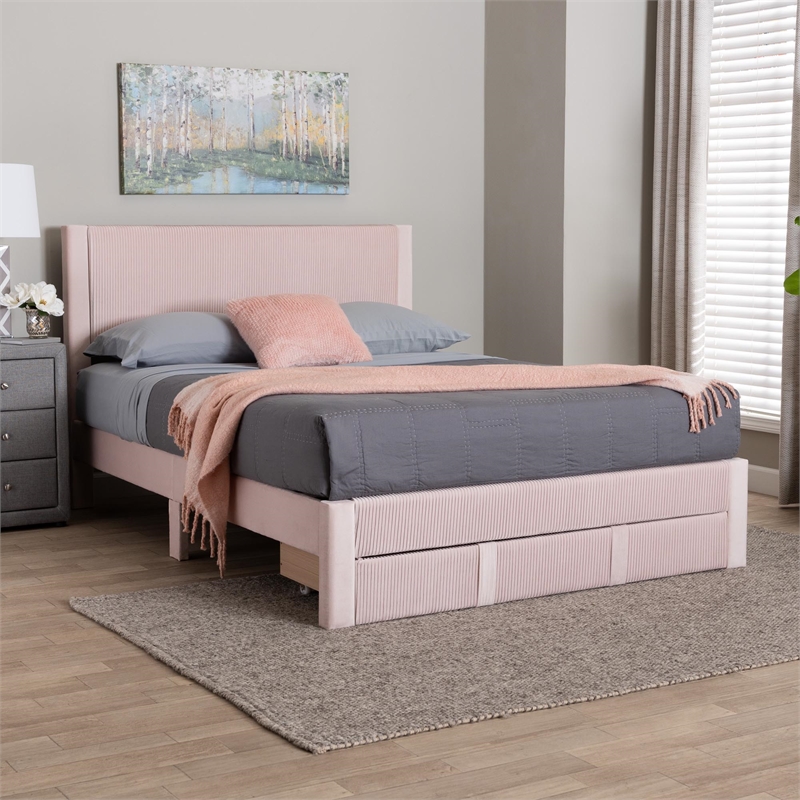Baxton Studio Elora Modern Light Pink Pleated Velvet Queen Size Storage Bed
