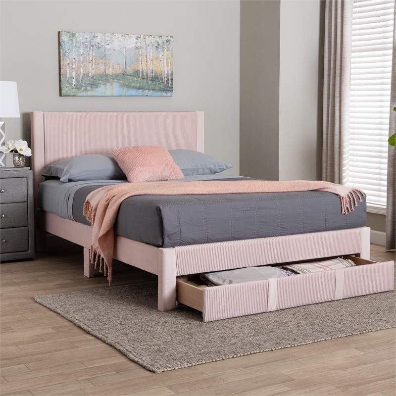 Baxton Studio Elora Modern Light Pink Pleated Velvet Queen Size Storage Bed
