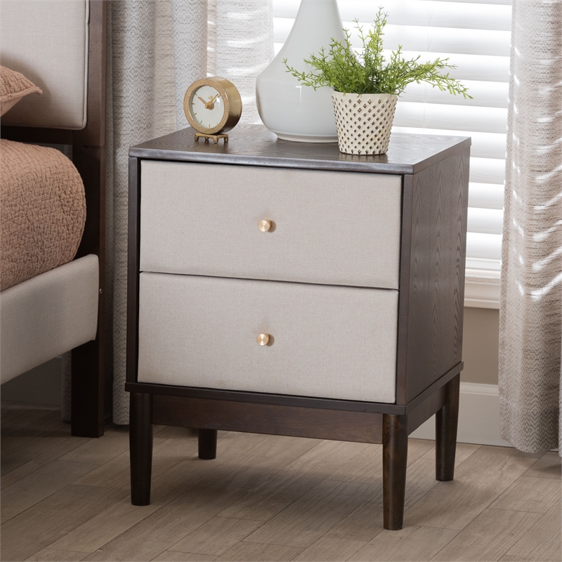 Baxton Studio Nikolai Beige Fabric and Wenge Brown Wood 2-Drawer Nightstand