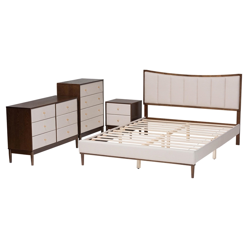 Baxton Studio Nikolai Beige Fabric and Brown Wood 4-Piece Queen Bedroom Set