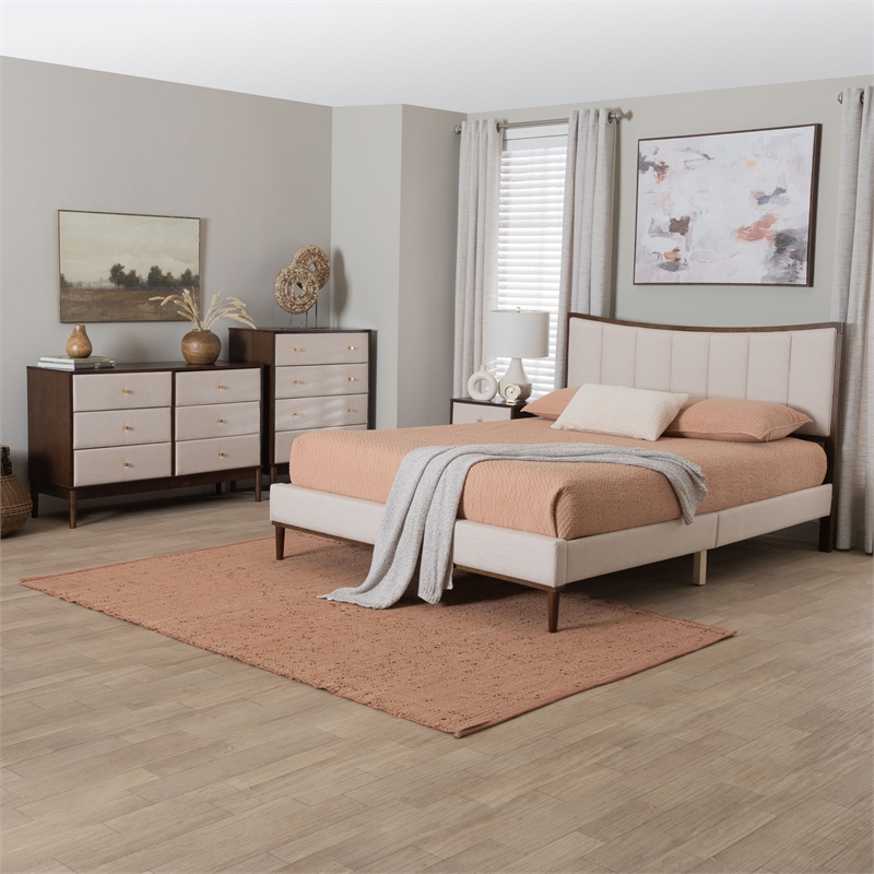 Baxton Studio Nikolai Beige Fabric and Brown Wood 4-Piece Queen Bedroom Set