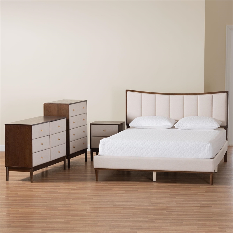 Baxton Studio Nikolai Beige Fabric and Brown Wood 4-Piece Queen Bedroom Set