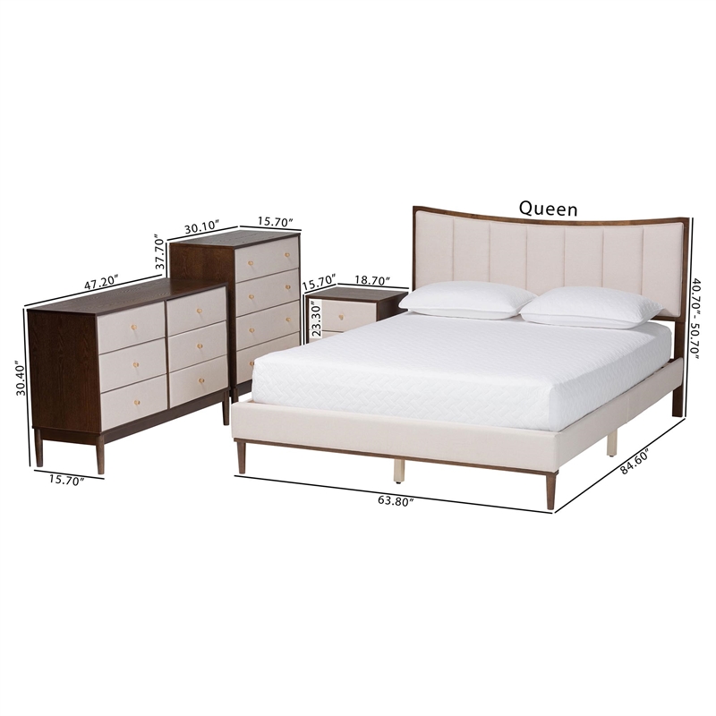 Baxton Studio Nikolai Beige Fabric and Brown Wood 4-Piece Queen Bedroom Set