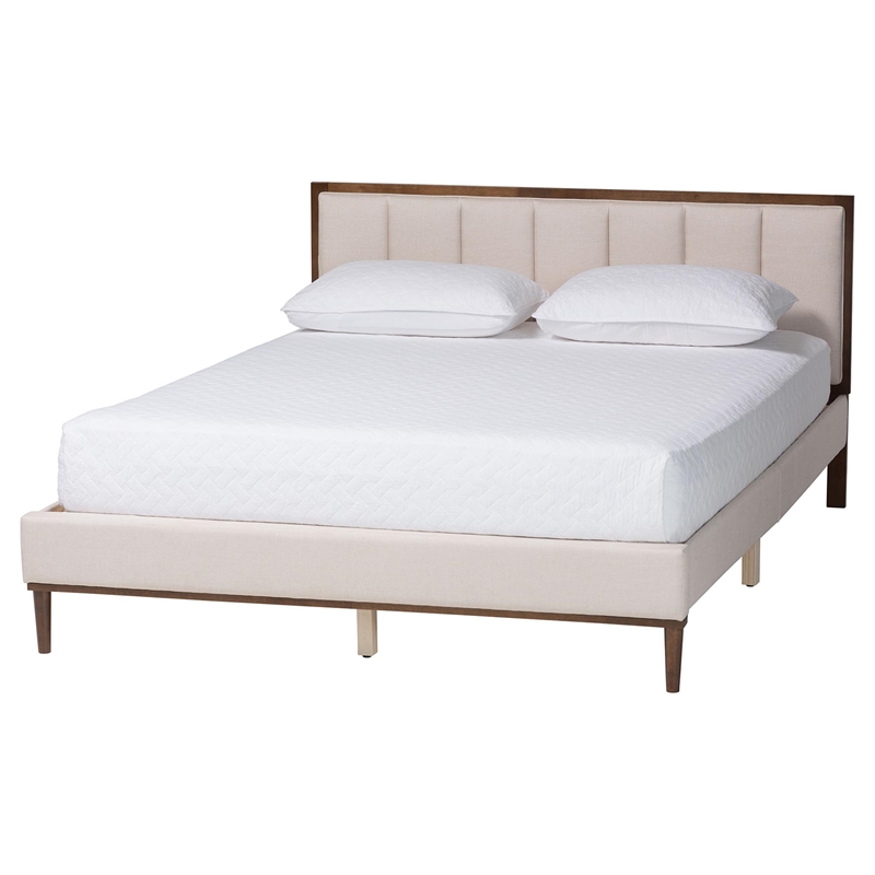 Baxton Studio Nikolai Beige Fabric and Brown Wood 4-Piece Queen Bedroom Set