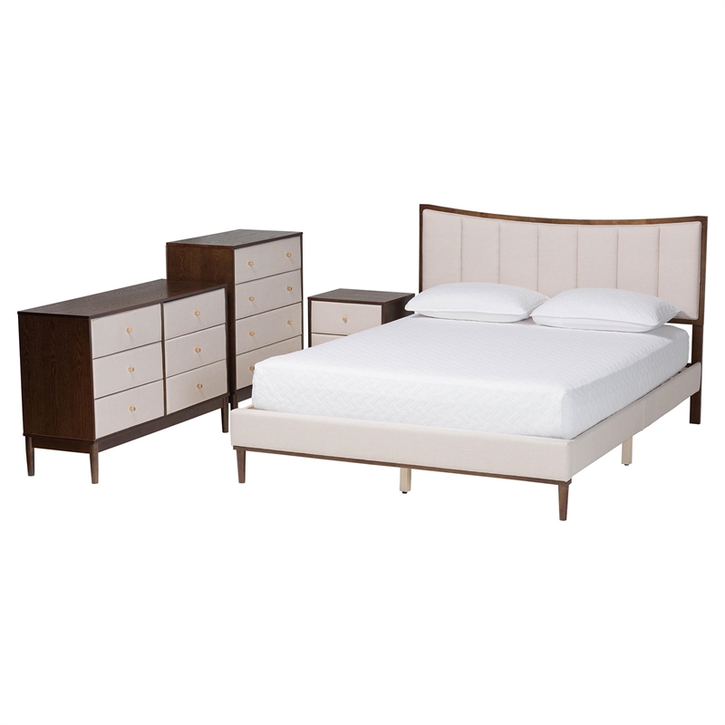 Baxton Studio Nikolai Beige Fabric and Brown Wood 4-Piece Queen Bedroom Set