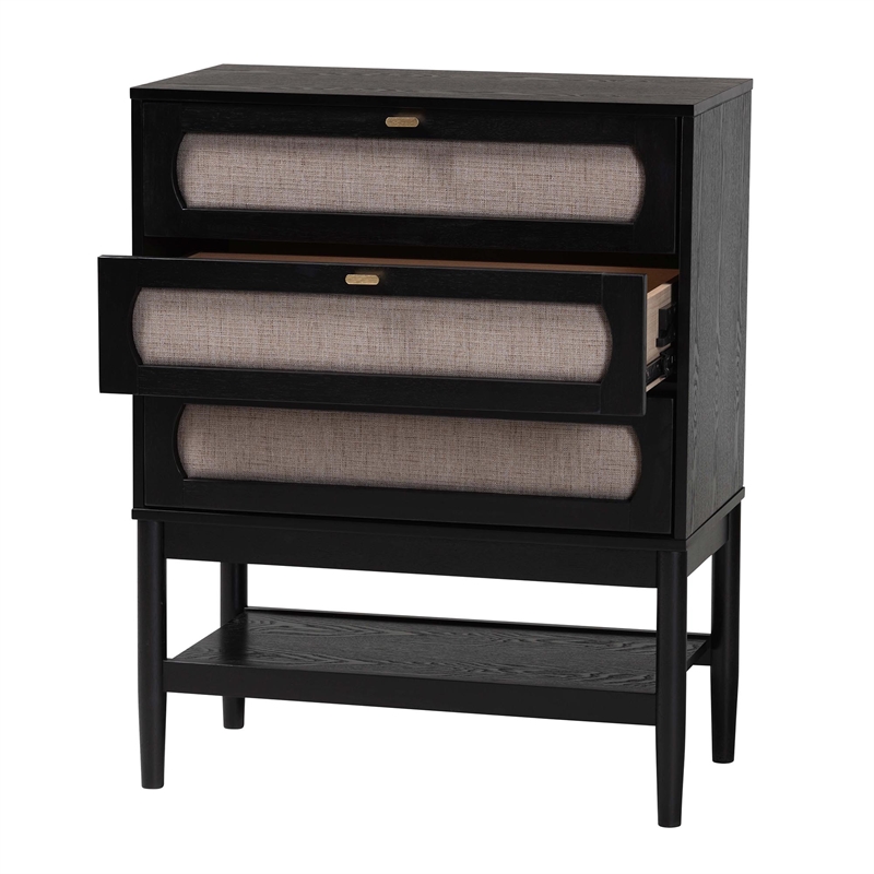 Baxton Studio Shirin Mid-Century Beige Fabric and Black Wood 3-Drawer Chest