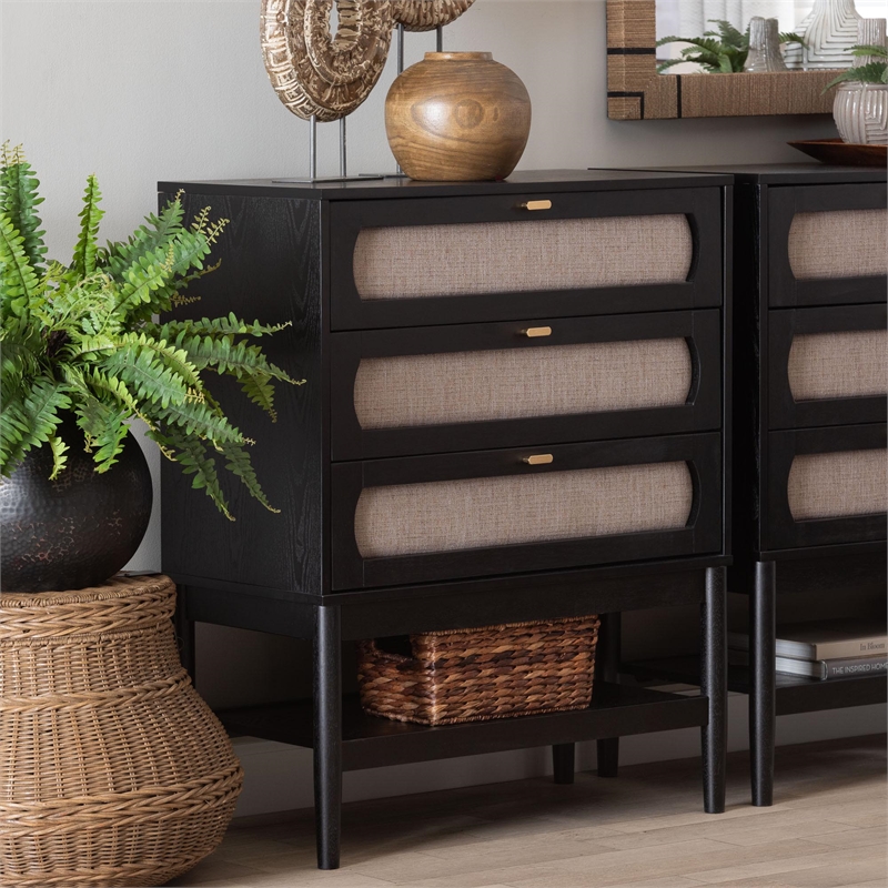 Baxton Studio Shirin Mid-Century Beige Fabric and Black Wood 3-Drawer Chest