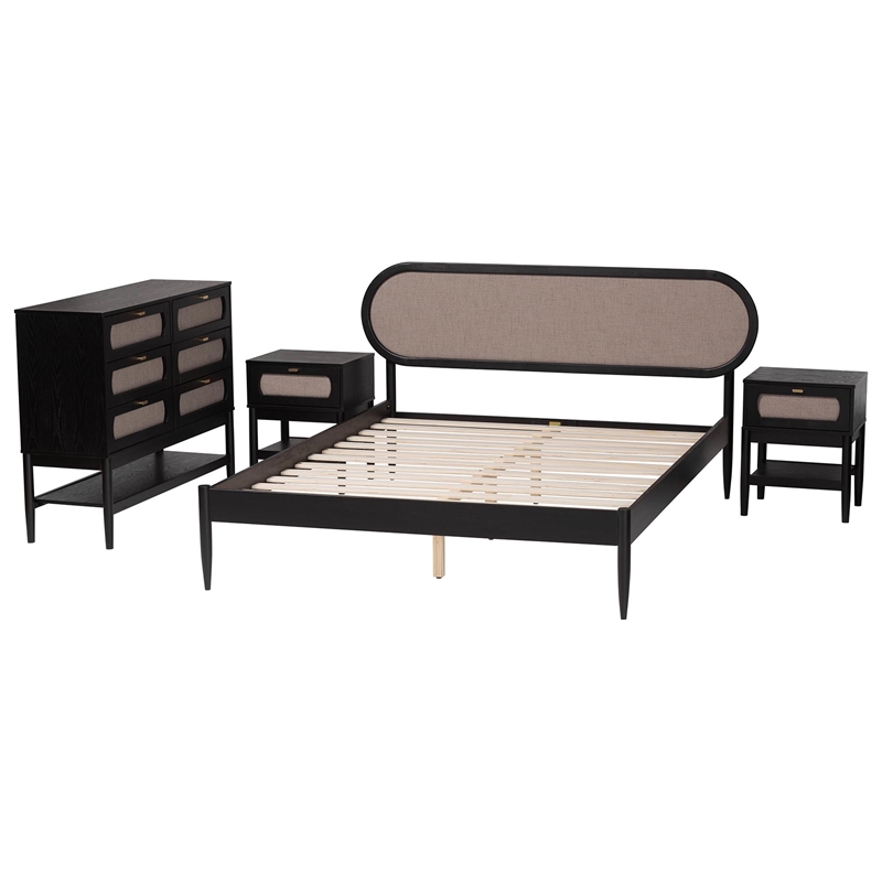 Baxton Studio Shirin Beige Fabric and Black Wood Queen 4-Piece Bedroom Set