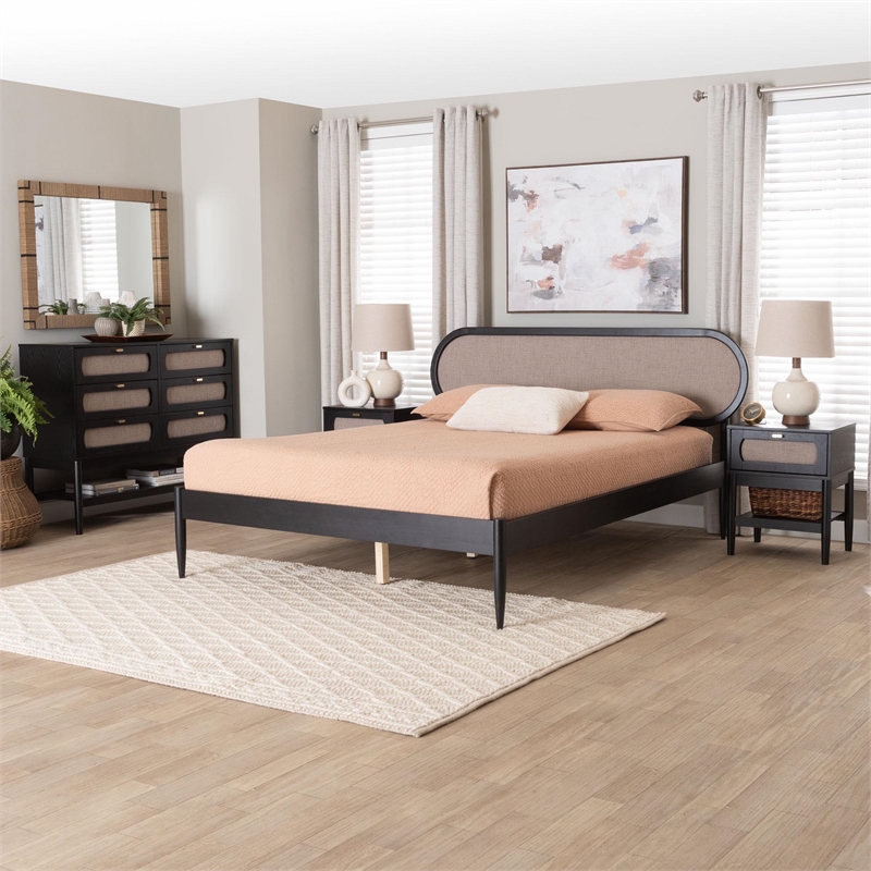 Baxton Studio Shirin Beige Fabric and Black Wood Queen 4-Piece Bedroom Set