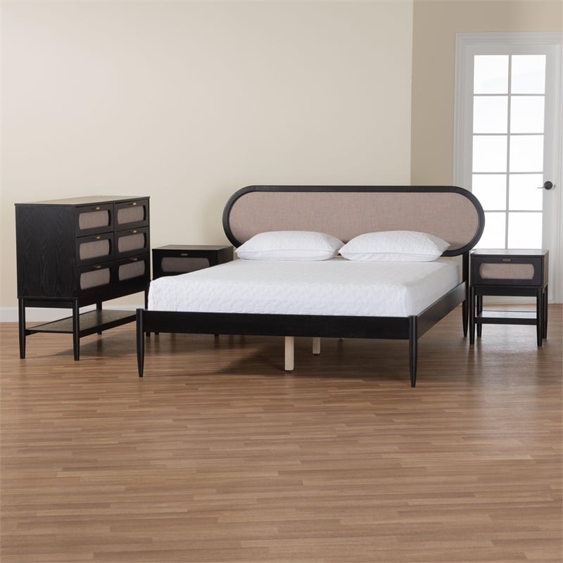 Baxton Studio Shirin Beige Fabric and Black Wood Queen 4-Piece Bedroom Set
