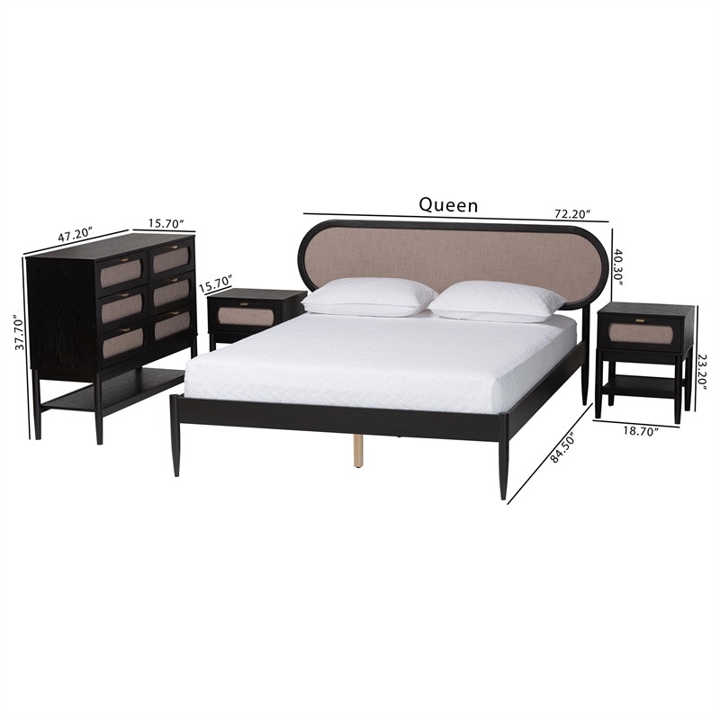Baxton Studio Shirin Beige Fabric and Black Wood Queen 4-Piece Bedroom Set