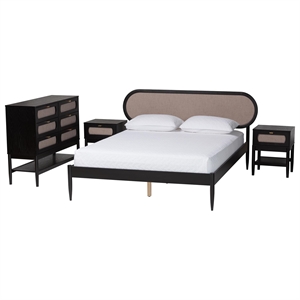 Baxton Studio Shirin Beige Fabric and Black Wood Queen 4-Piece Bedroom Set