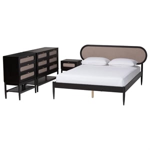 Baxton Studio Shirin Beige Fabric and Black Wood Queen 4-Piece Bedroom Set