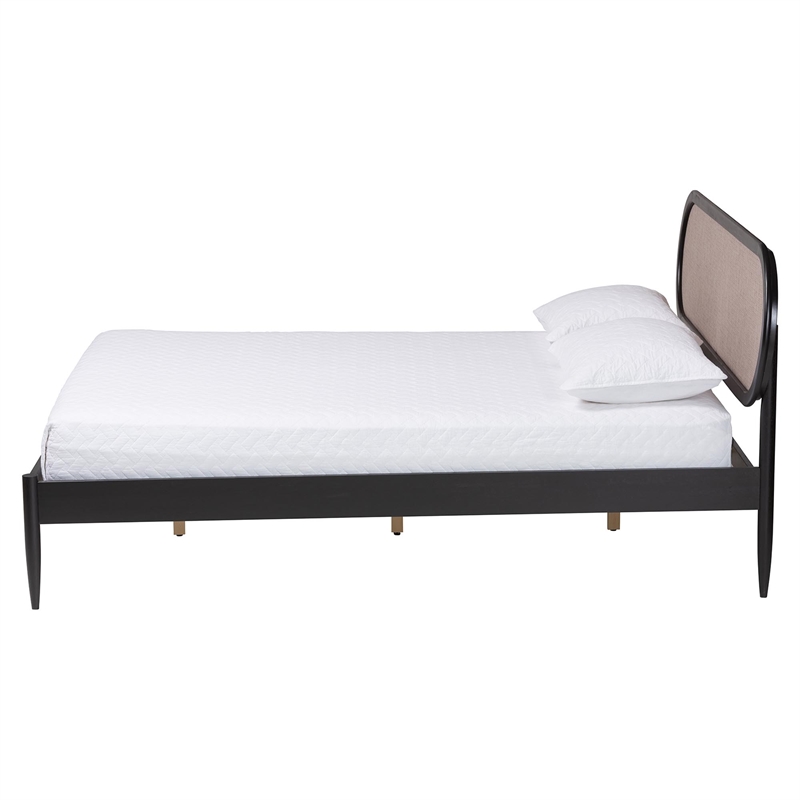Baxton Studio Shirin Mid-Century Beige Fabric and Black Wood Queen Platform Bed