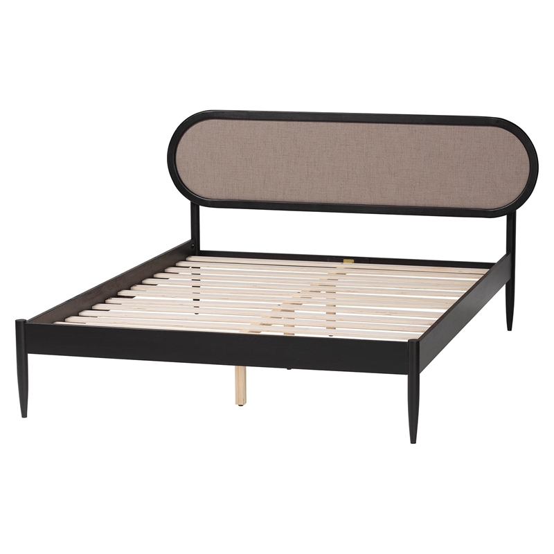 Baxton Studio Shirin Mid-Century Beige Fabric and Black Wood Queen Platform Bed